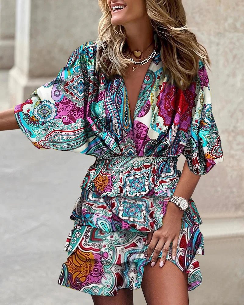 Willow | Boho Mini Dress V-Neck Smocked Waist Ruffle Floral Print