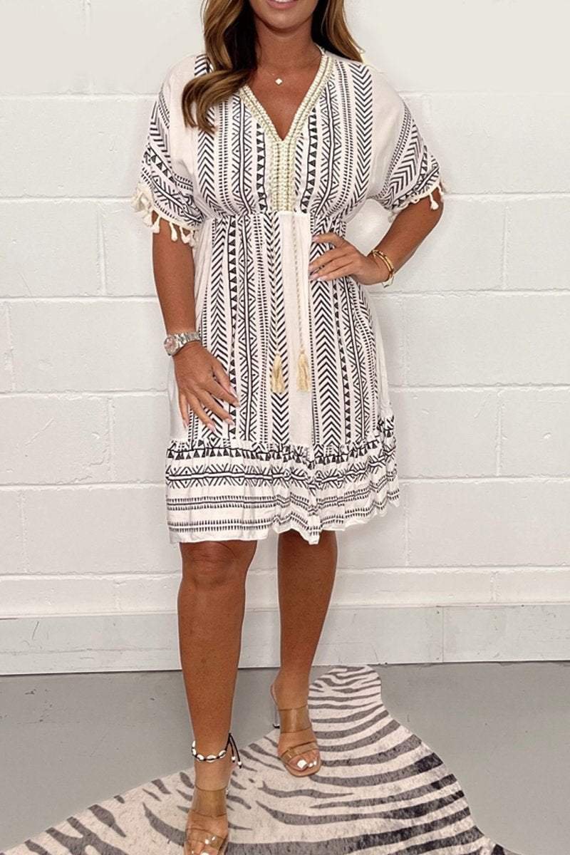 Lily | Boho Mini Dress V-Neck Tassel Print Short Sleeve Summer