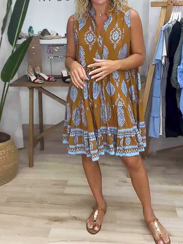 Sienna | Boho Print V-Neck Sleeveless Tiered Mini Dress