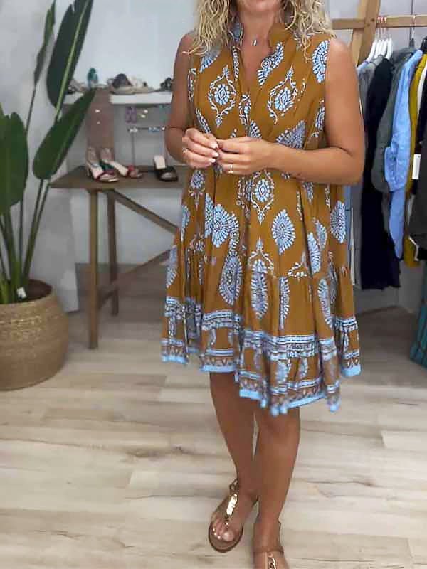 Sienna | Boho Print V-Neck Sleeveless Tiered Mini Dress