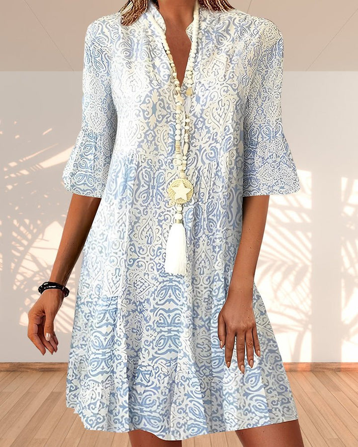 Evelyn | Boho Swing Dress V-Neck 3/4 Sleeve Paisley Print