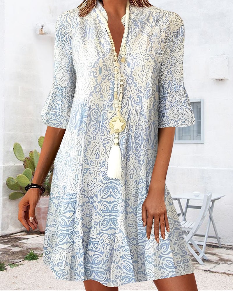 Evelyn | Boho Swing Dress V-Neck 3/4 Sleeve Paisley Print