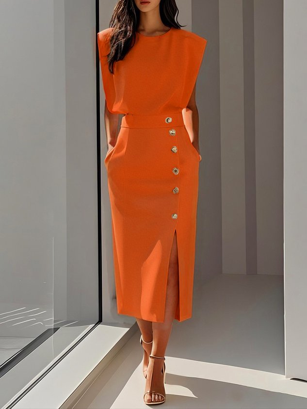 Audrey | Women’s Button Detail Sleeveless Midi Dress