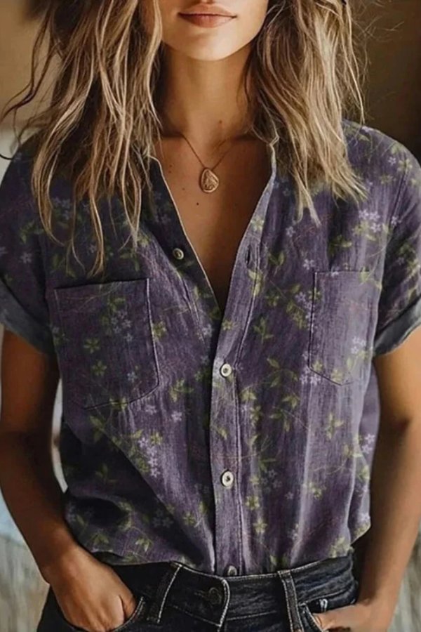 Aria | Cotton Floral Blouse Lapel Collar Relaxed Fit Short Sleeve