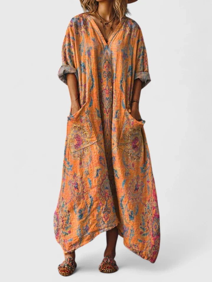 Freya | Cotton Maxi Dress V-Neck Bohemian Print Front Pockets