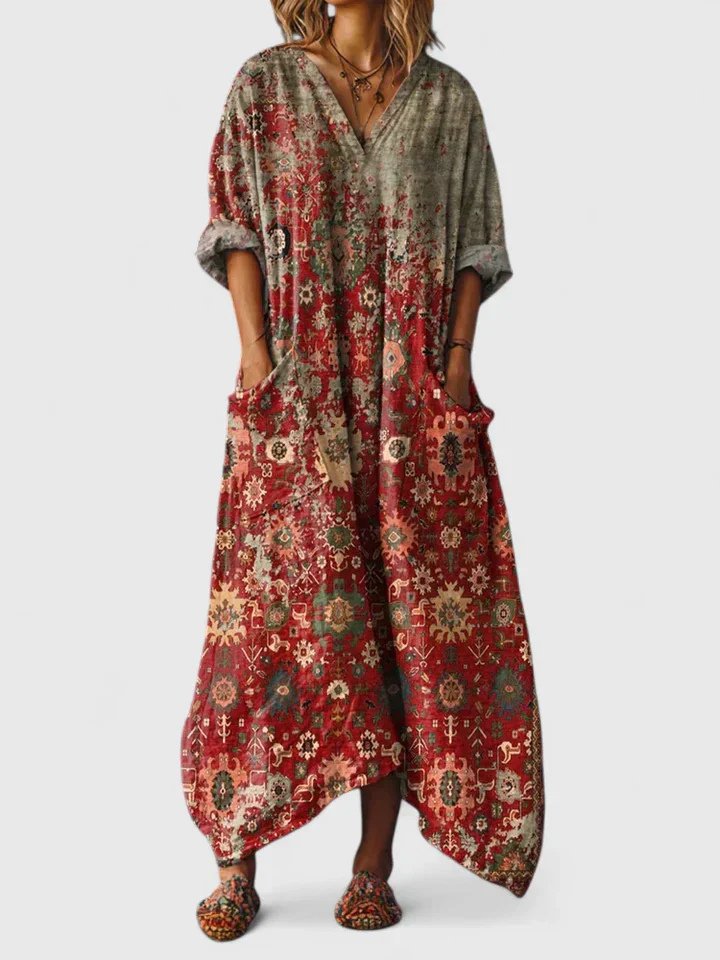 Freya | Cotton Maxi Dress V-Neck Bohemian Print Front Pockets