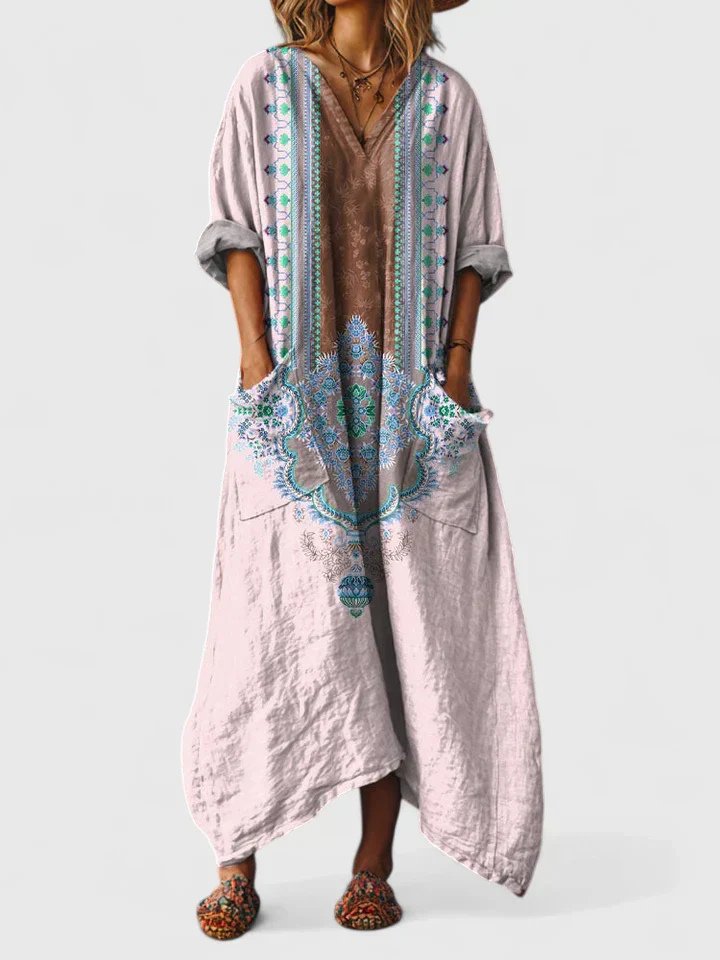 Freya | Cotton Maxi Dress V-Neck Bohemian Print Front Pockets