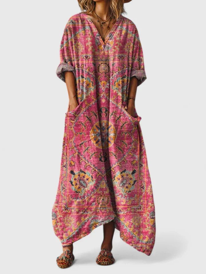 Freya | Cotton Maxi Dress V-Neck Bohemian Print Front Pockets
