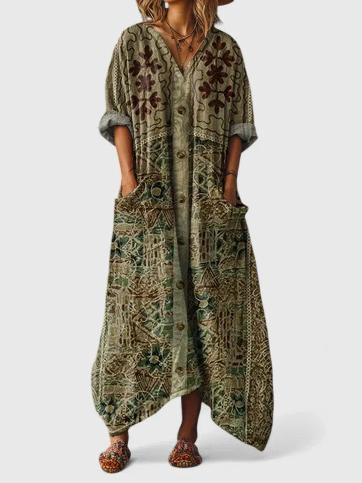 Freya | Cotton Maxi Dress V-Neck Bohemian Print Front Pockets