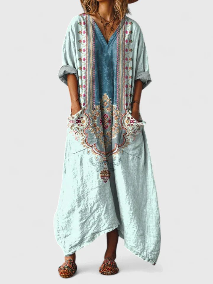 Freya | Cotton Maxi Dress V-Neck Bohemian Print Front Pockets