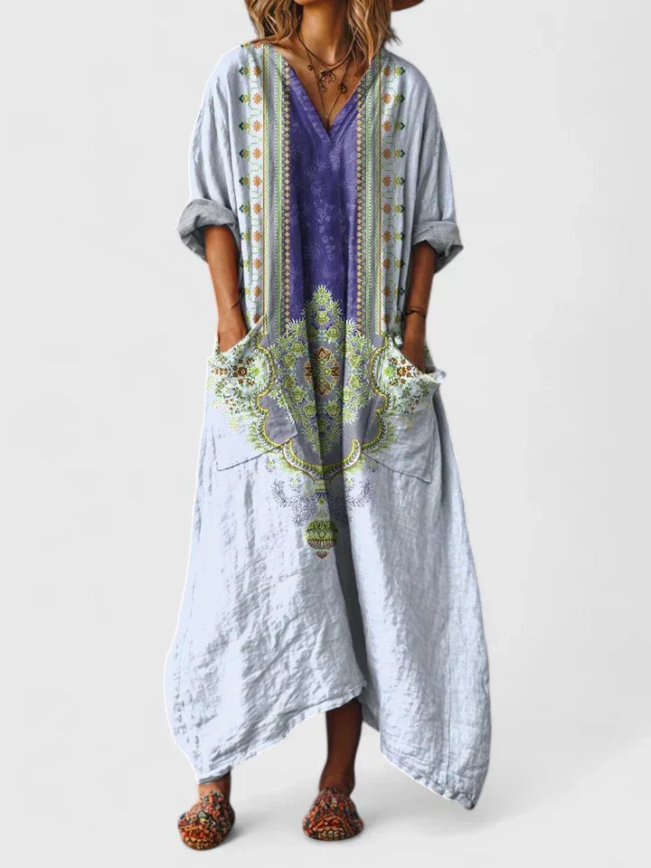 Freya | Cotton Maxi Dress V-Neck Bohemian Print Front Pockets