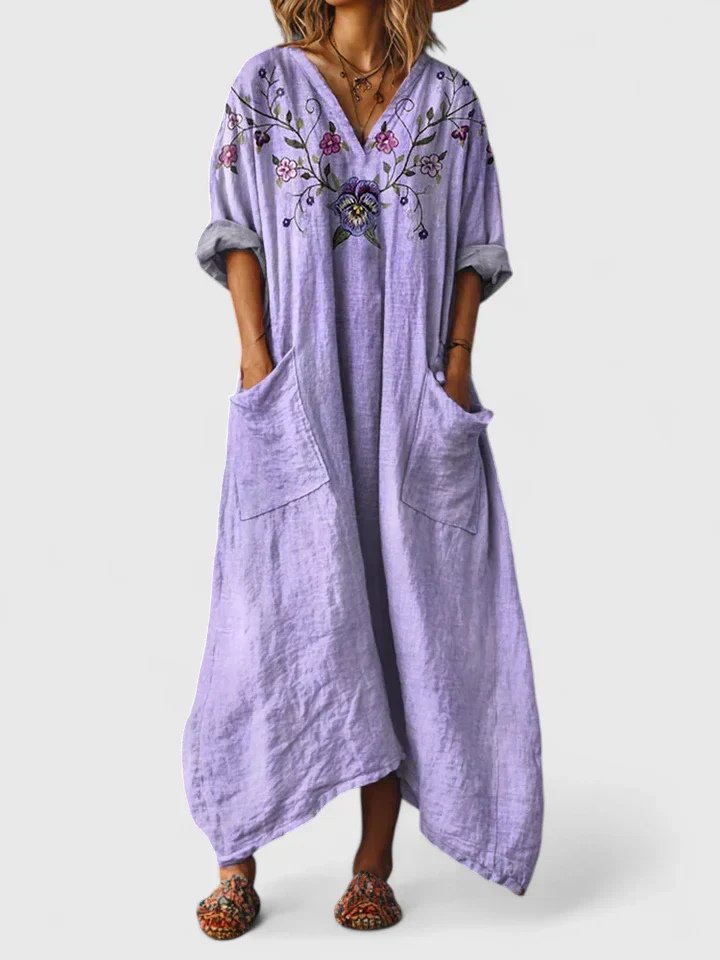Freya | Cotton Maxi Dress V-Neck Bohemian Print Front Pockets