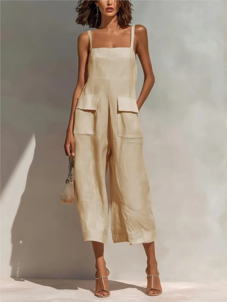 Emily | Women's Belted Linen Midi Dress Cargo Pockets