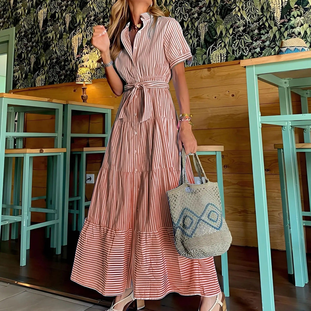 Evelyn | Women's Striped Button-Down Tiered Maxi Dress