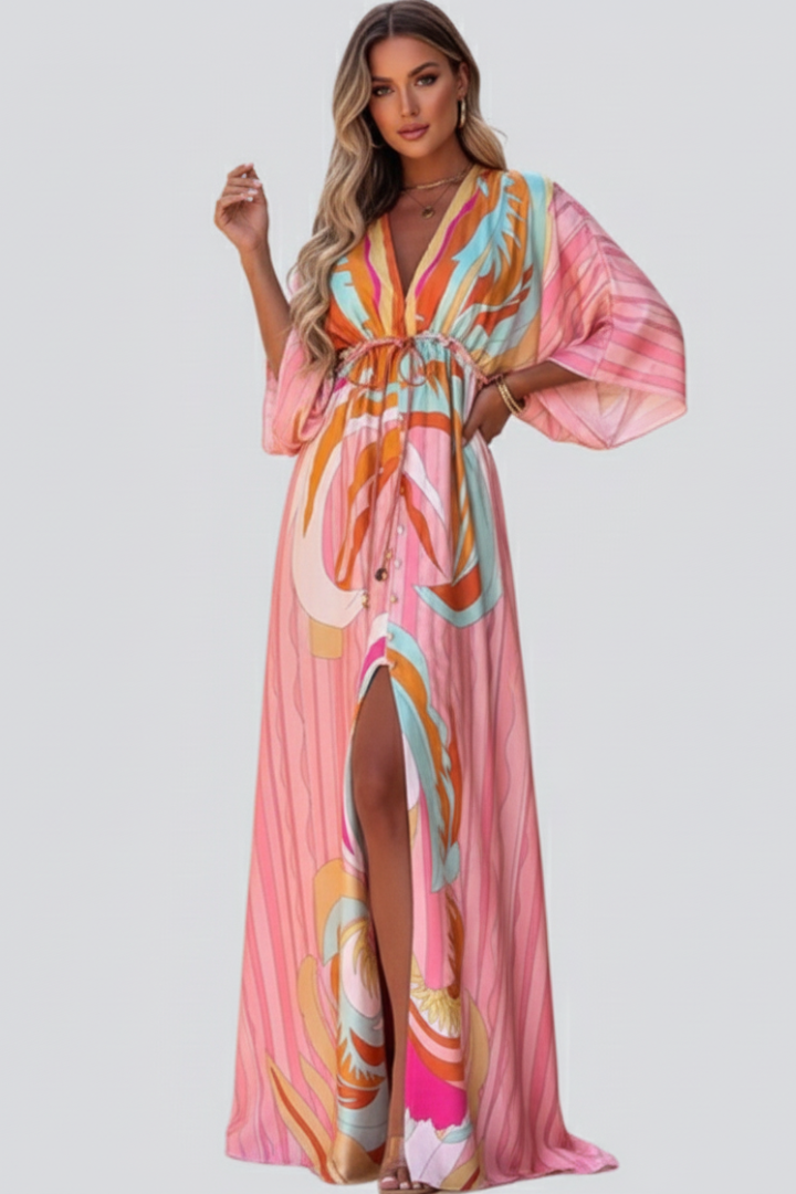 Madeline | Women’s Printed V-Neck Belted Maxi Dress