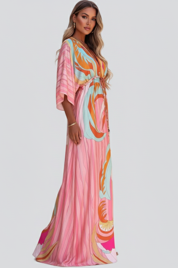 Madeline | Women’s Printed V-Neck Belted Maxi Dress