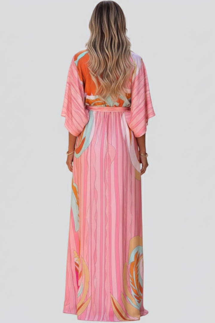 Madeline | Women’s Printed V-Neck Belted Maxi Dress