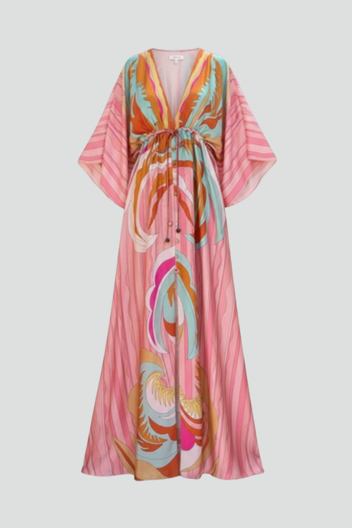 Madeline | Women’s Printed V-Neck Belted Maxi Dress