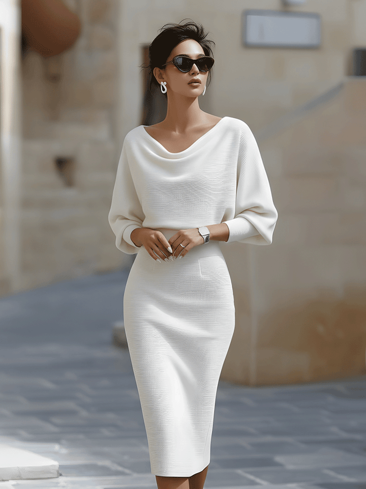 Eleanor | Women's Boat Neck Batwing Sleeve Midi Bodycon Dress