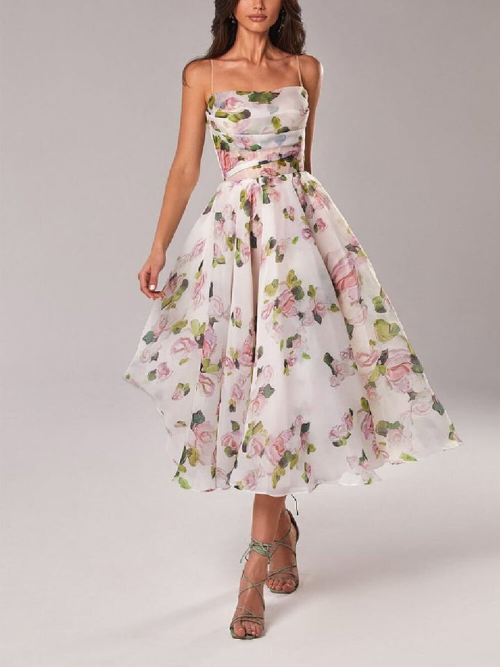 Rosie | Floral A-Line Midi Dress Spaghetti Strap Draped Neckline