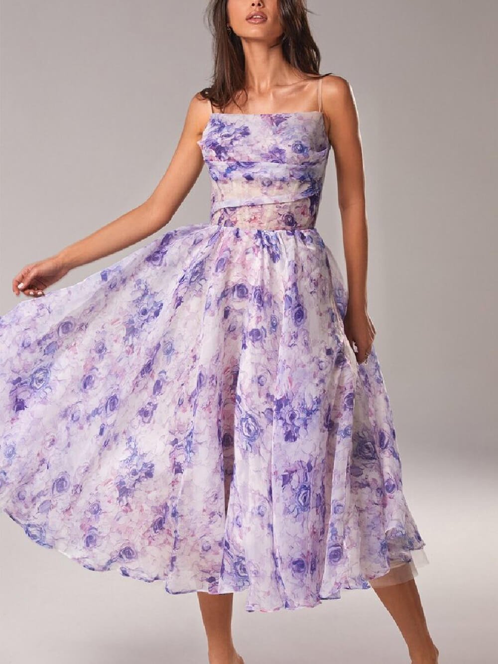 Rosie | Floral A-Line Midi Dress Spaghetti Strap Draped Neckline