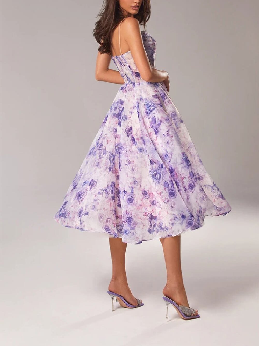 Rosie | Floral A-Line Midi Dress Spaghetti Strap Draped Neckline