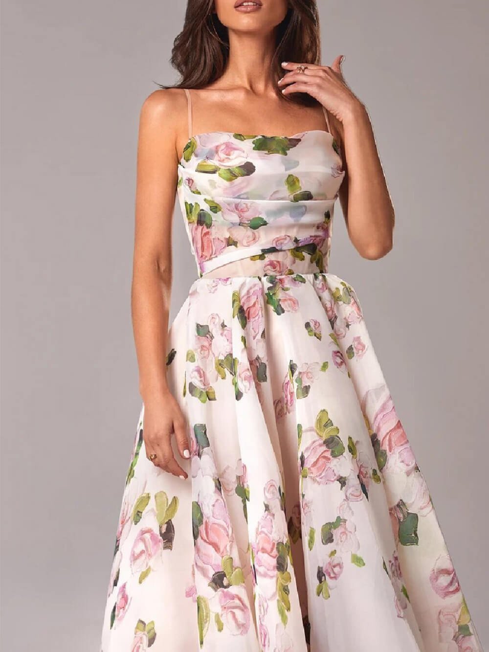 Rosie | Floral A-Line Midi Dress Spaghetti Strap Draped Neckline