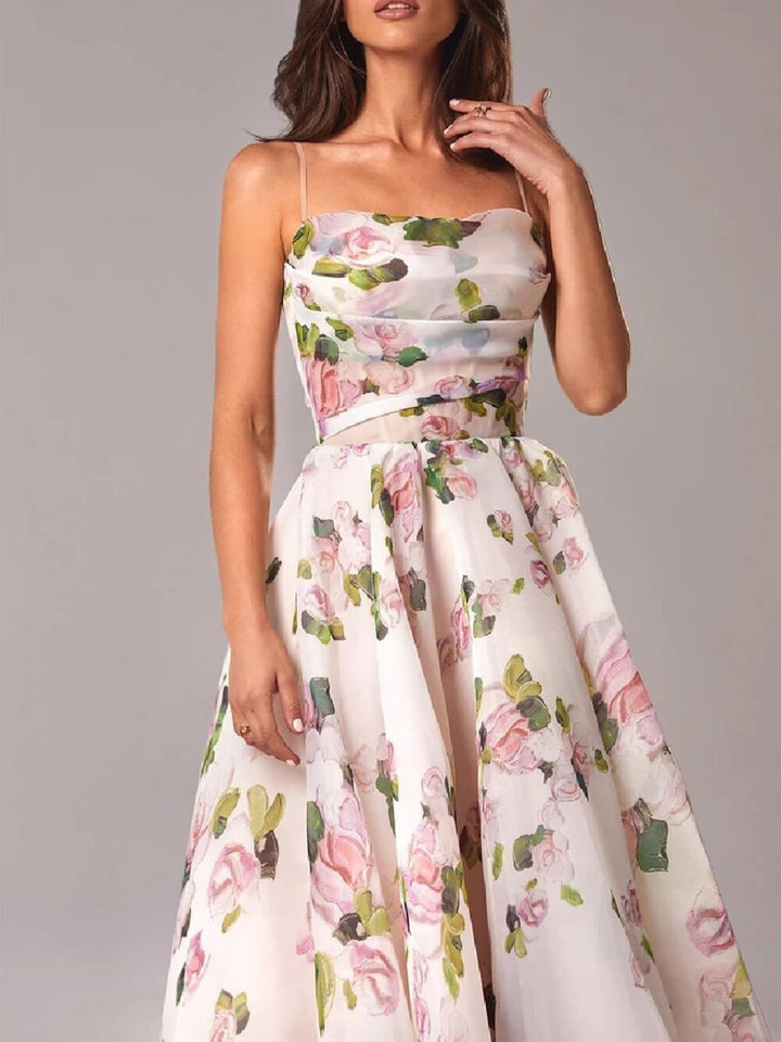 Rosie | Floral A-Line Midi Dress Spaghetti Strap Draped Neckline