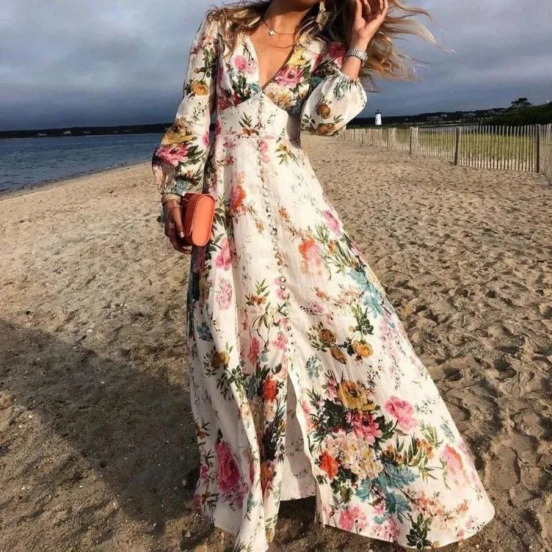 Ella | Floral Maxi Dress Long Sleeve Boho V-Neck Beach