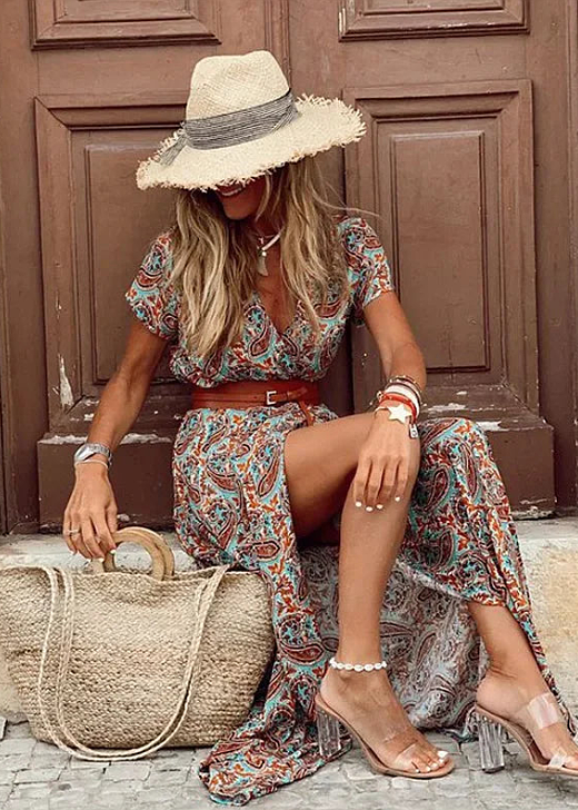 Faye | Women’s Printed V Neck Split Maxi Dress