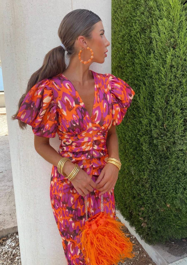 Natalie | Women’s Summer Printed Puff Sleeve Midi Dress