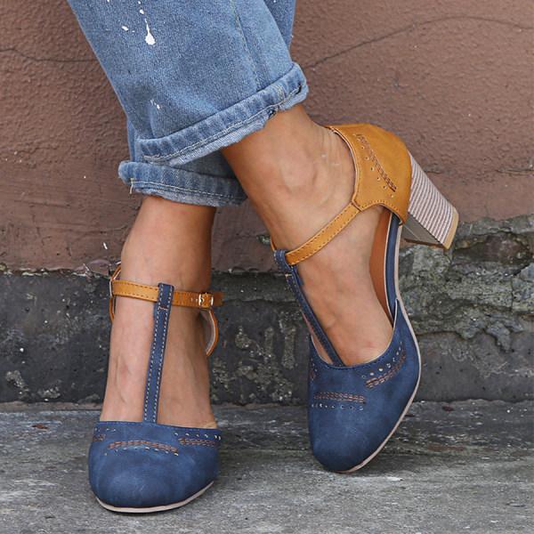 Harper | Women Vintage Contrast T Strap Block Heels
