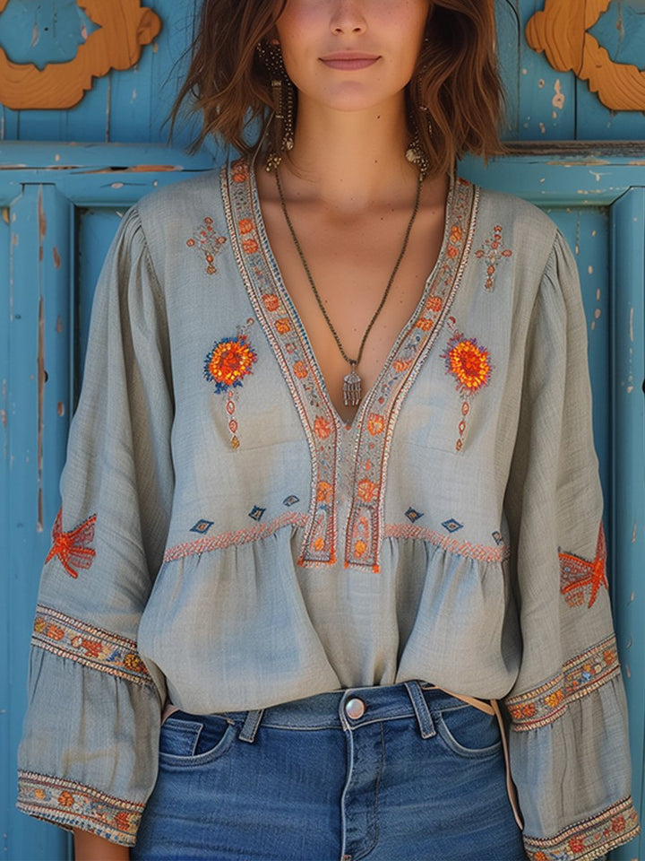Violet | Women Bohemian Embroidered V Neck Blouse