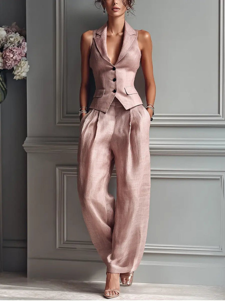 Sienna | Linen Two-Piece Set Sleeveless Vest Wide-Leg Trousers