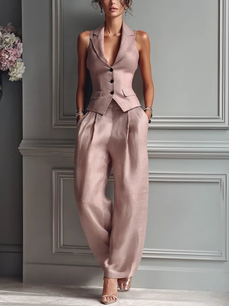 Sienna | Linen Two-Piece Set Sleeveless Vest Wide-Leg Trousers