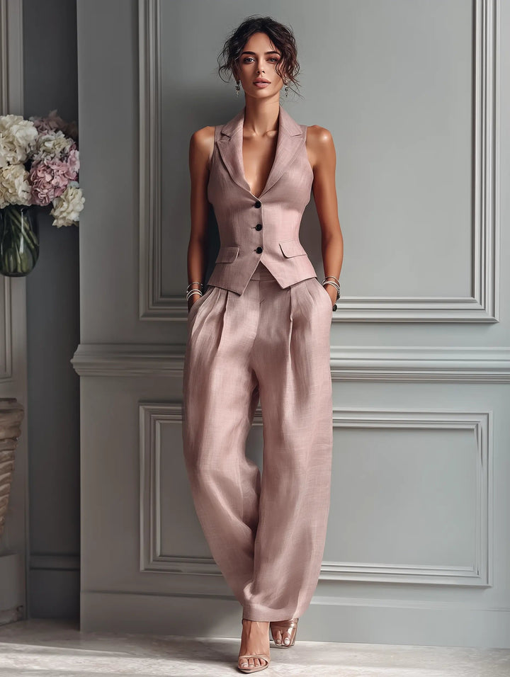 Sienna | Linen Two-Piece Set Sleeveless Vest Wide-Leg Trousers