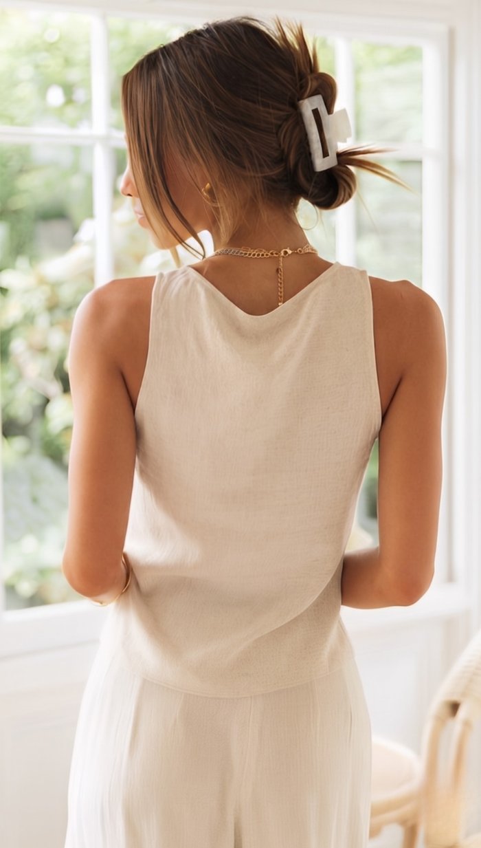 Phoebe | Linen Two Piece Set V-Neck Crop Top Wide Leg Trousers