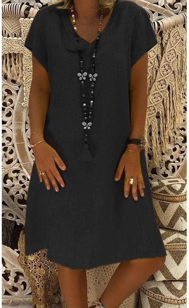 Ella | Linen V-Neck A-Line Mini Dress Short Sleeve Summer
