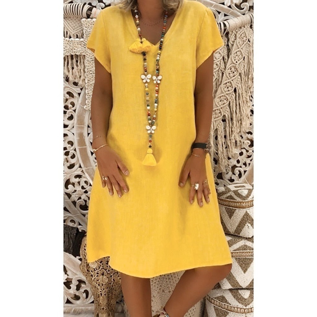 Ella | Linen V-Neck A-Line Mini Dress Short Sleeve Summer