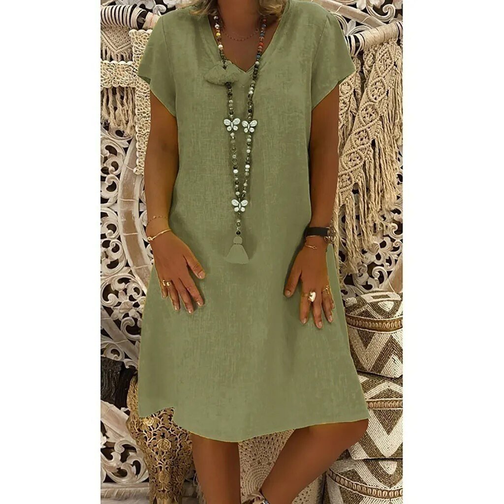 Ella | Linen V-Neck A-Line Mini Dress Short Sleeve Summer