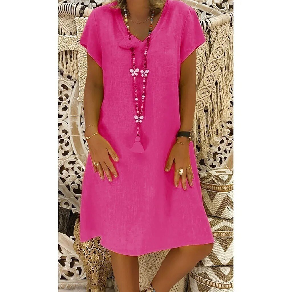 Ella | Linen V-Neck A-Line Mini Dress Short Sleeve Summer