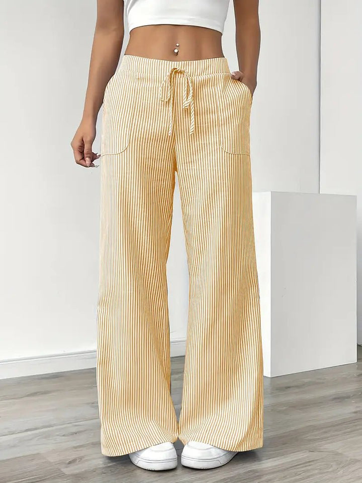 Amelia | Linen Wide-Leg Striped Trousers Drawstring Waist Pockets