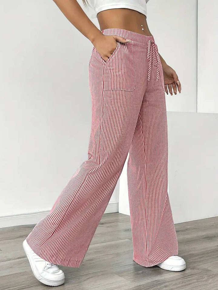 Amelia | Linen Wide-Leg Striped Trousers Drawstring Waist Pockets