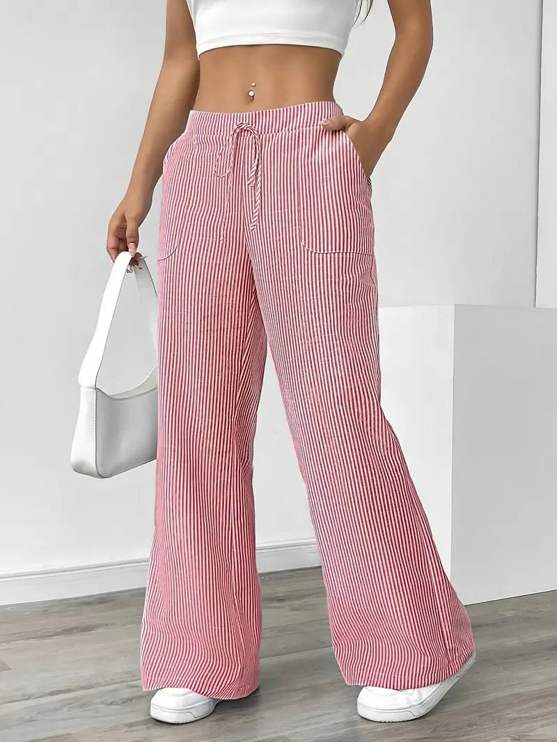 Amelia | Linen Wide-Leg Striped Trousers Drawstring Waist Pockets