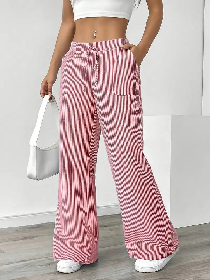 Amelia | Linen Wide-Leg Striped Trousers Drawstring Waist Pockets