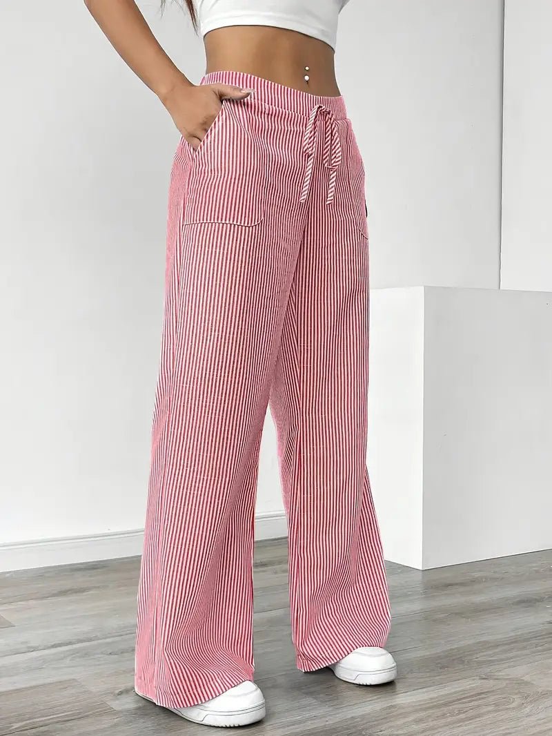 Amelia | Linen Wide-Leg Striped Trousers Drawstring Waist Pockets