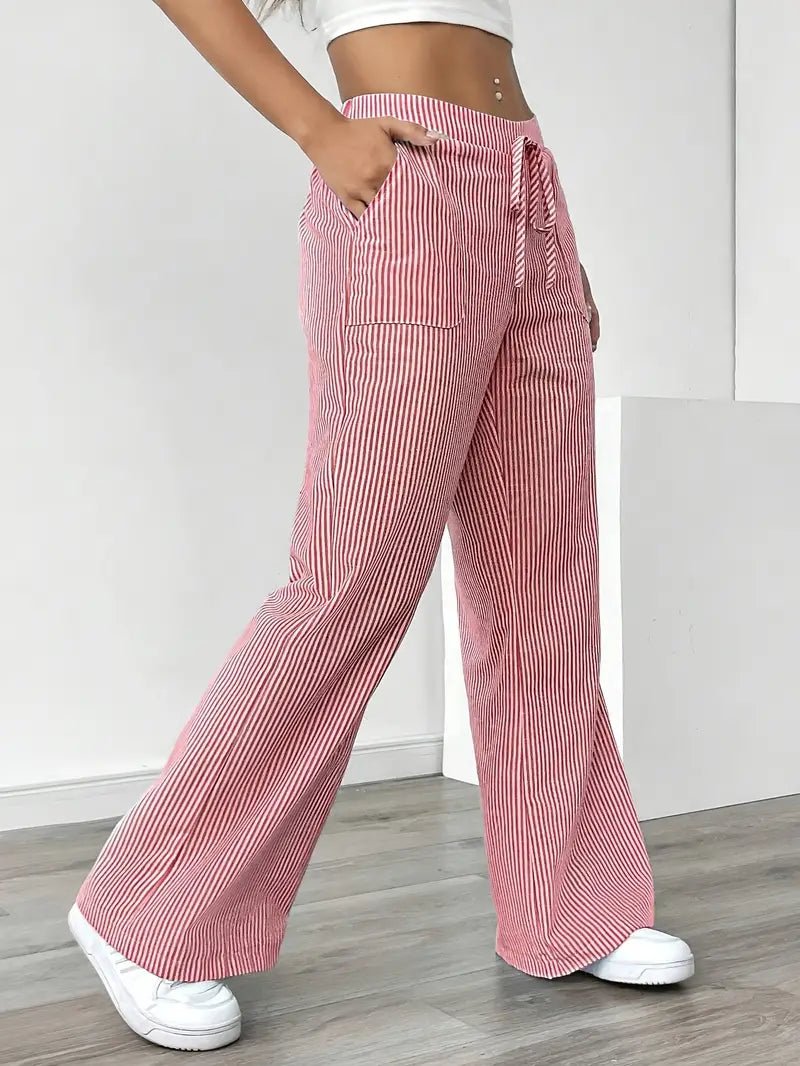 Amelia | Linen Wide-Leg Striped Trousers Drawstring Waist Pockets