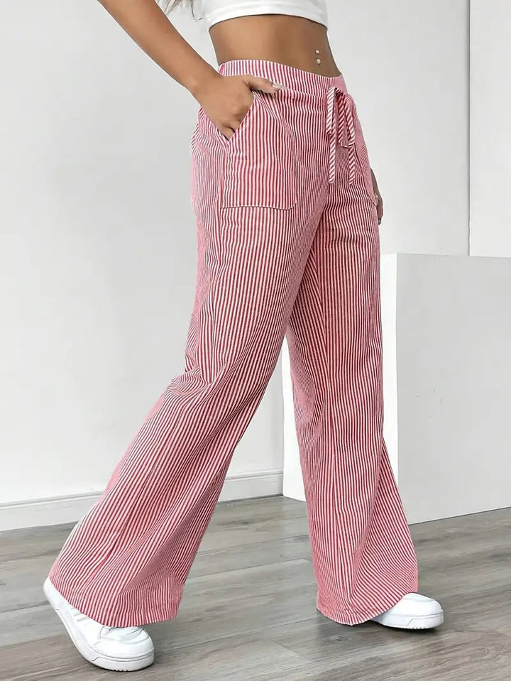 Amelia | Linen Wide-Leg Striped Trousers Drawstring Waist Pockets
