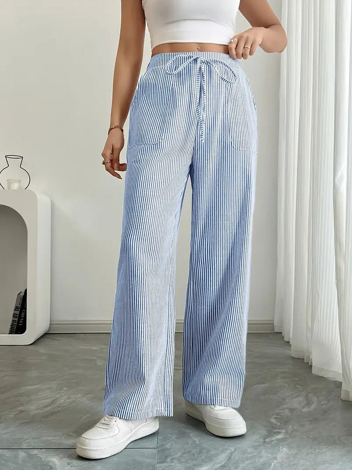 Amelia | Linen Wide-Leg Striped Trousers Drawstring Waist Pockets