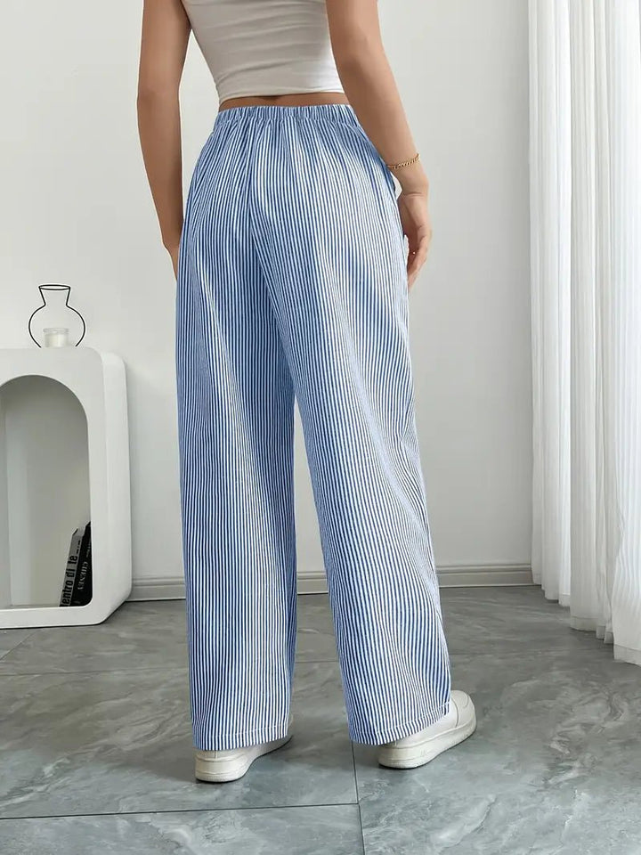 Amelia | Linen Wide-Leg Striped Trousers Drawstring Waist Pockets